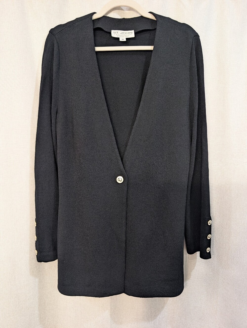 Vintage St John Collection by Marie Gray Knit Cardigan Sz 14 Black V Neck